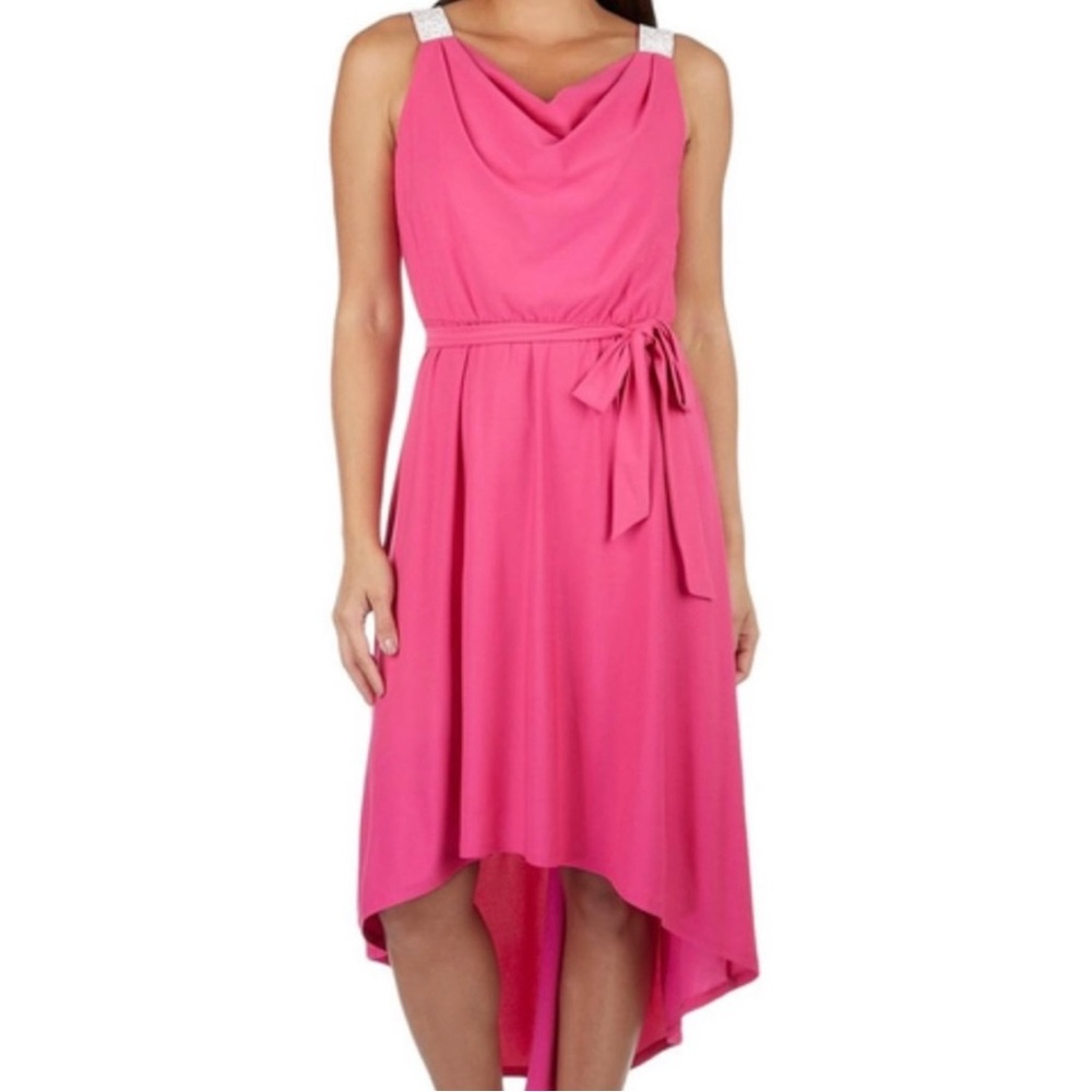 Luxology Fuchsia High-Low Sleeveless Dress with Waist Tie and Rhinestone Straps